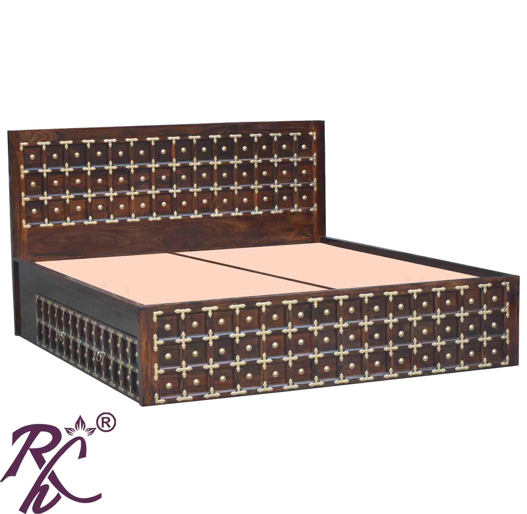 Solid Wood Brass L+T Design King Size Bed With Storage Side Full Drawer