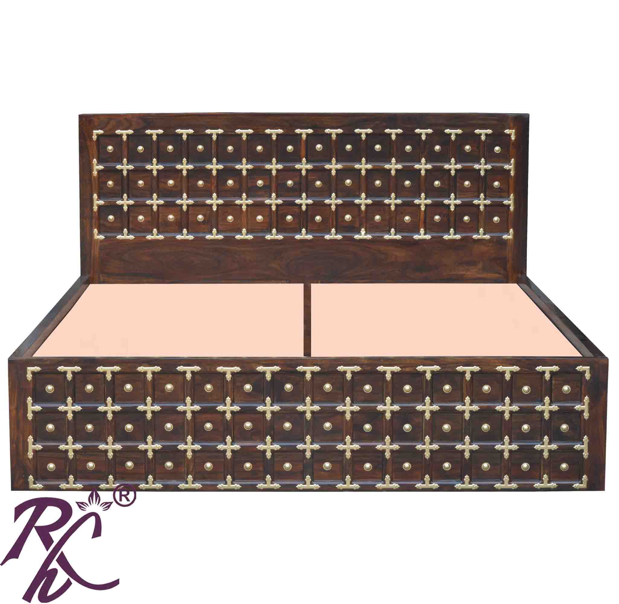 Solid Wood Brass L+T Design King Size Bed With Storage Side Full Drawer