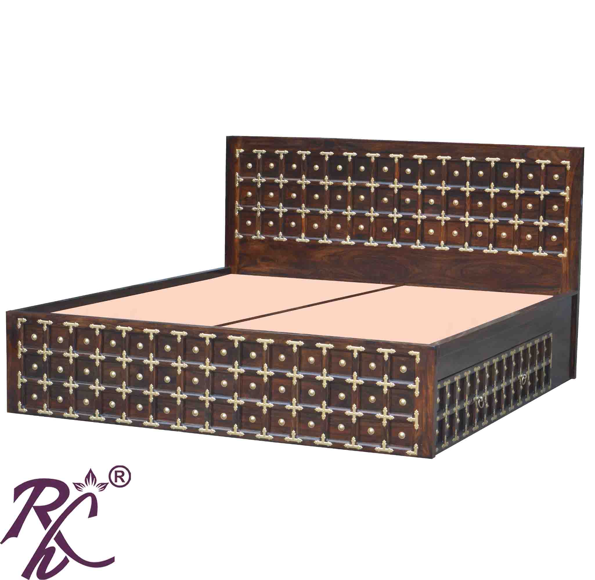 Solid Wood Brass L+T Design King Size Bed With Storage Side Full Drawer