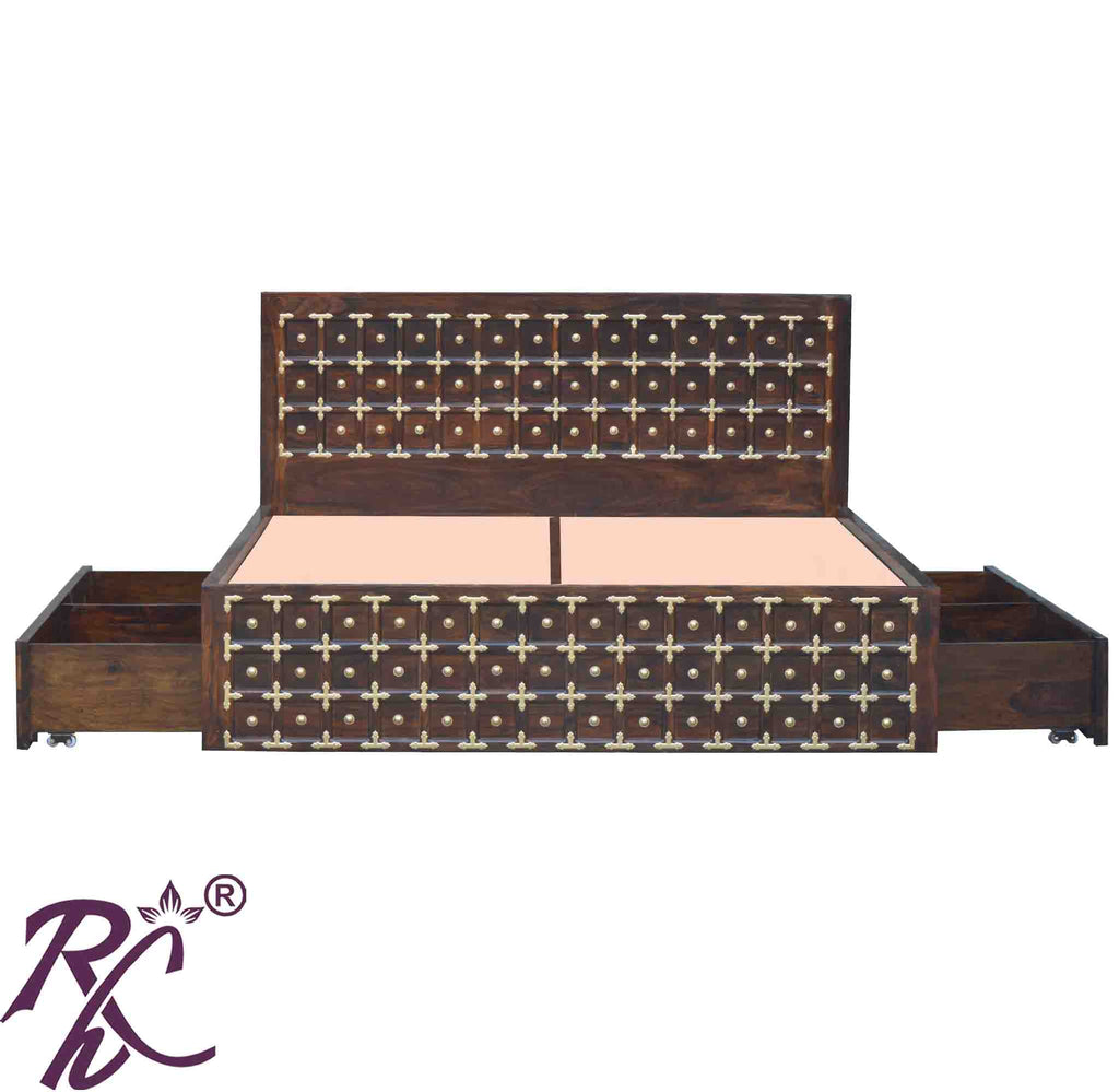 Solid Wood Brass L+T Design King Size Bed With Storage Side Full Drawer