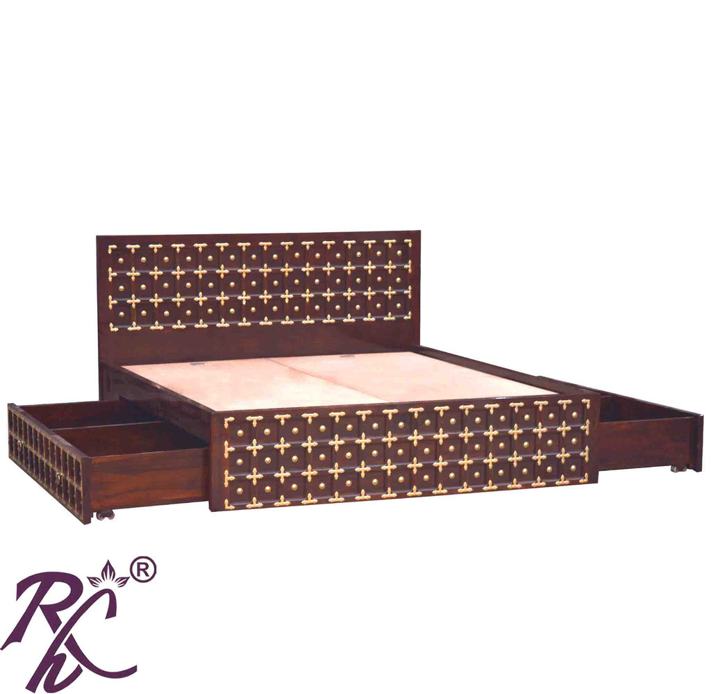 Solid Wood Brass L+T Design King Size Bed With Storage Side Full Drawer