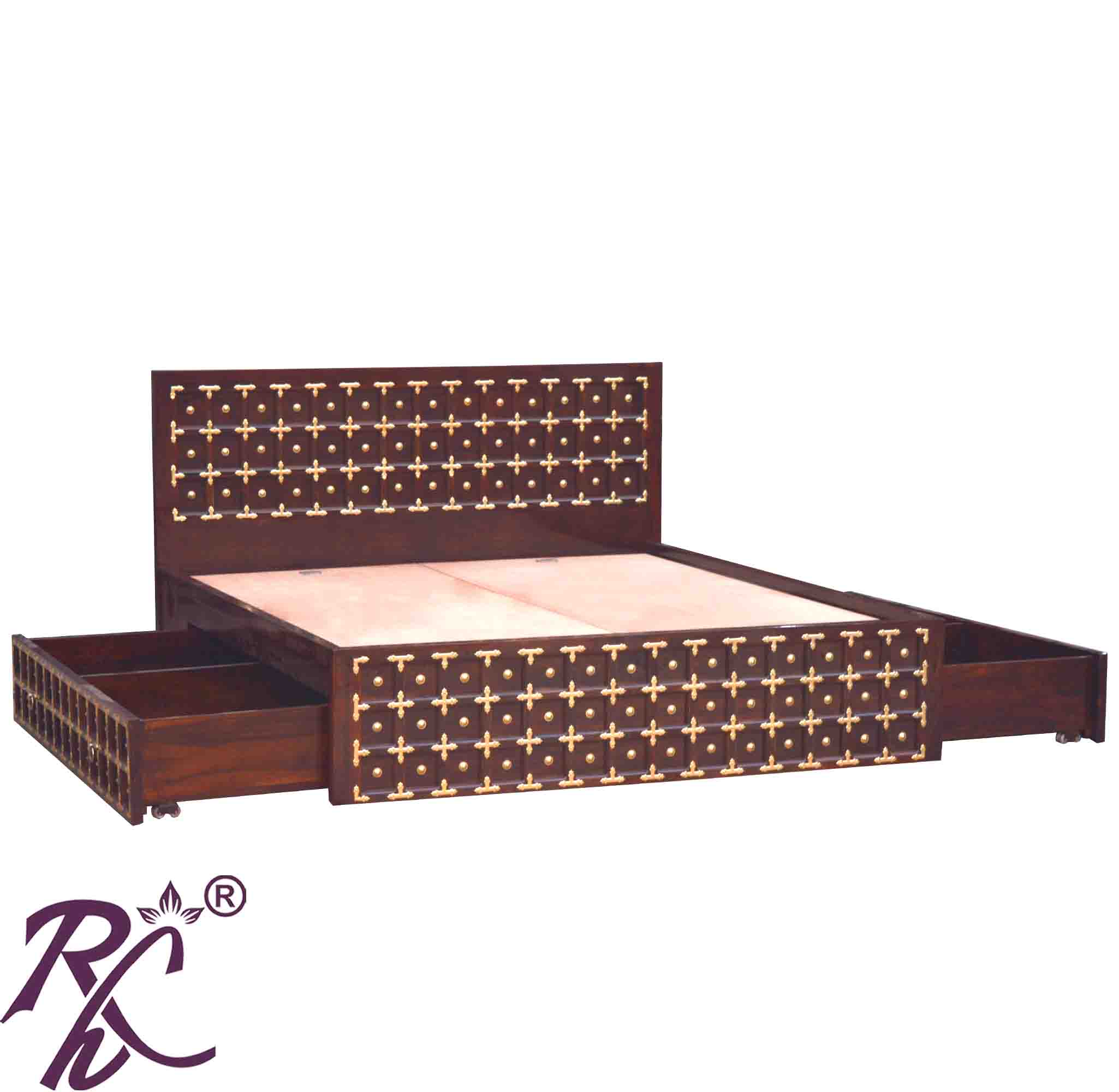 Solid Wood Brass L+T Design King Size Bed With Storage Side Full Drawer