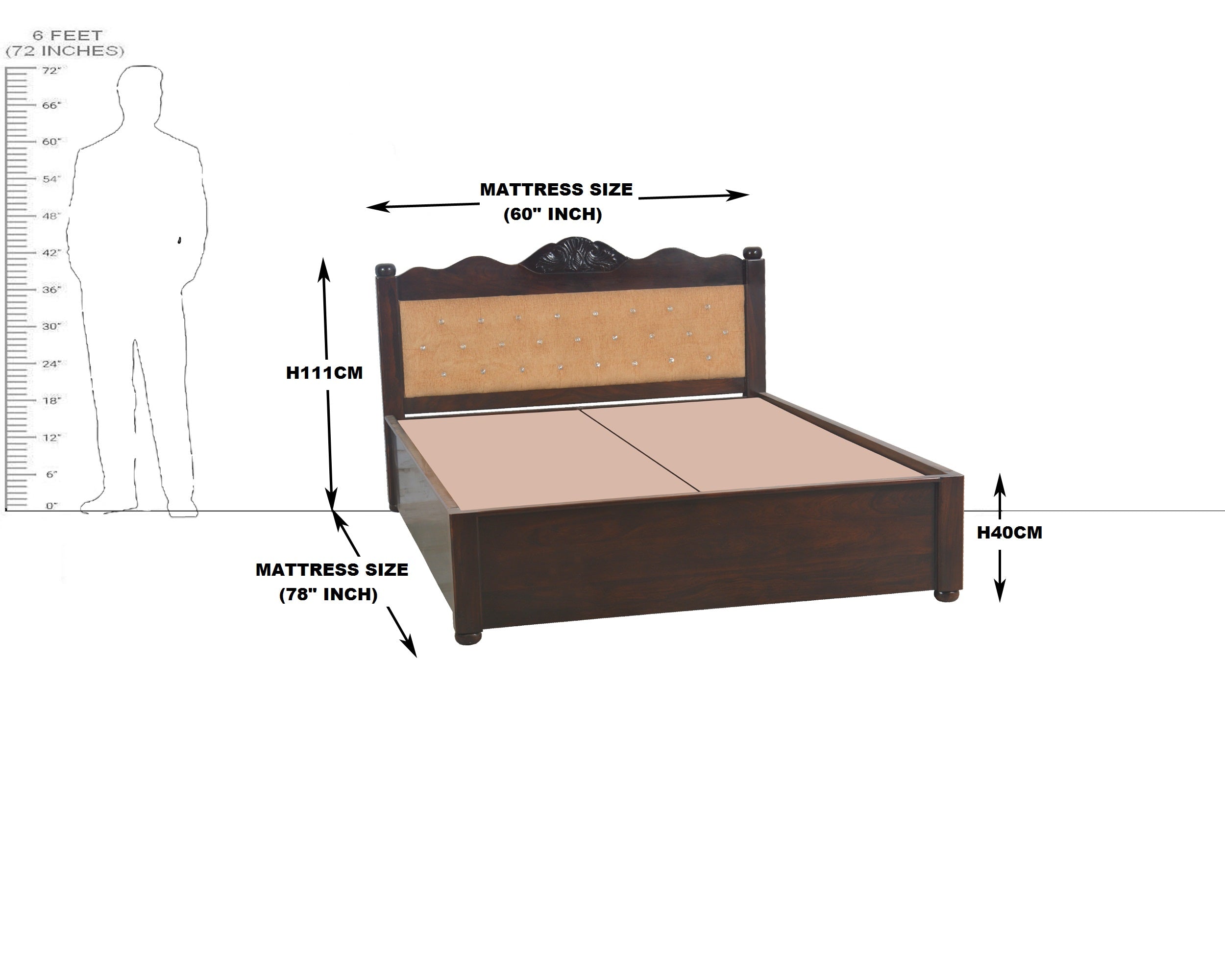Solid Wood Queen Size Bed With Back Cushion