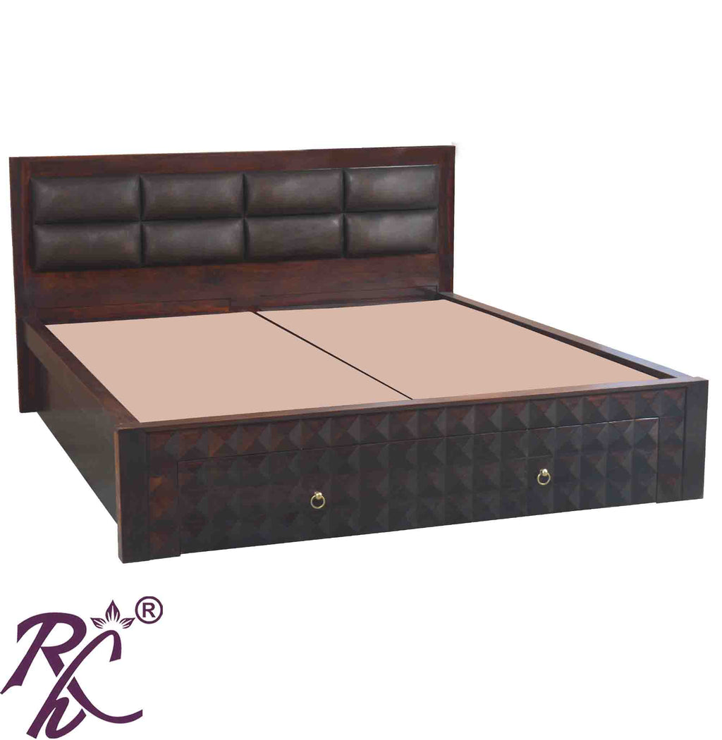 Solid Wood King Size Bed With Front Drawer and Head Part With Cushion Work