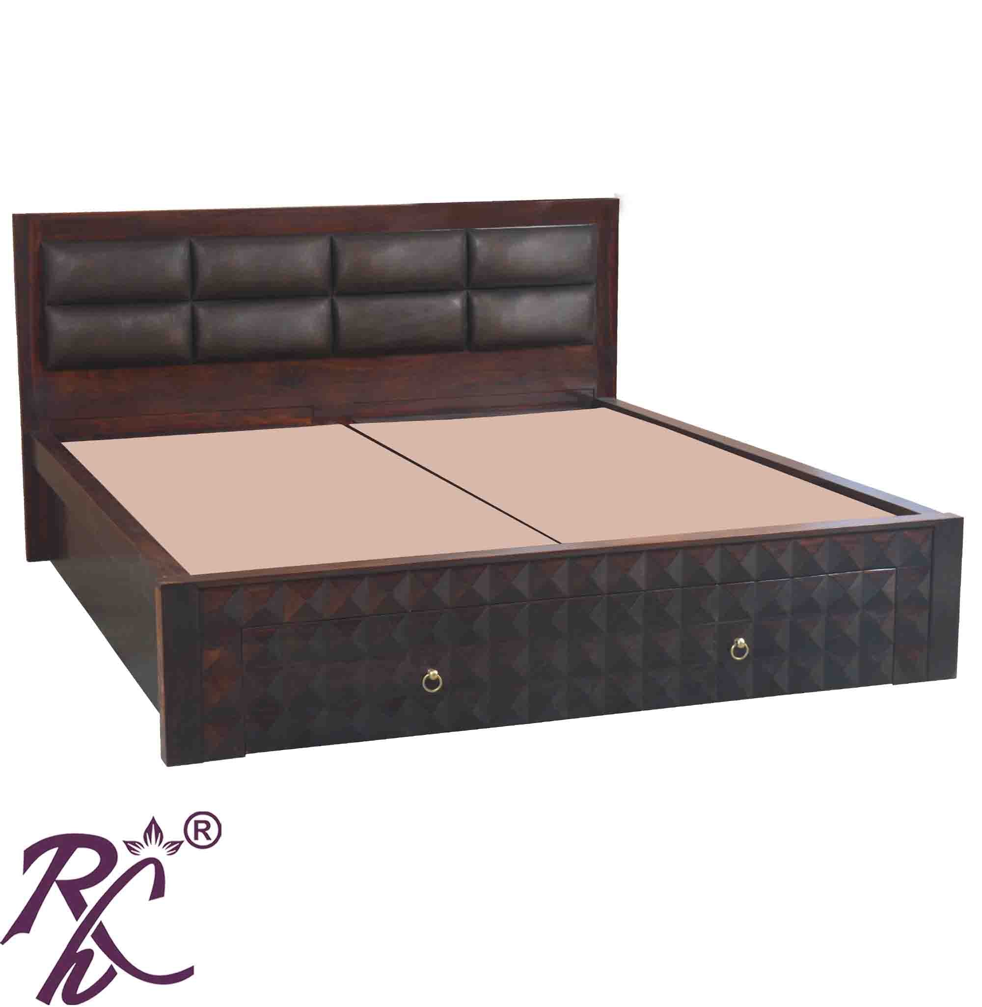 Solid Wood King Size Bed With Front Drawer and Head Part With Cushion Work