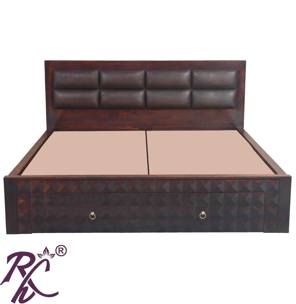 Solid Wood King Size Bed With Front Drawer and Head Part With Cushion Work
