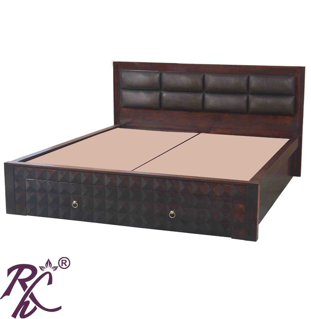 Solid Wood King Size Bed With Front Drawer and Head Part With Cushion Work