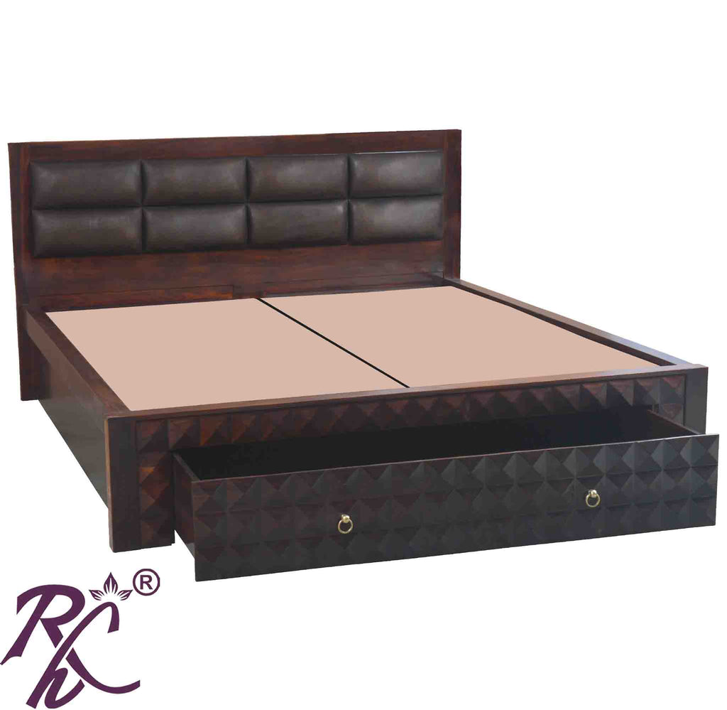 Solid Wood King Size Bed With Front Drawer and Head Part With Cushion Work