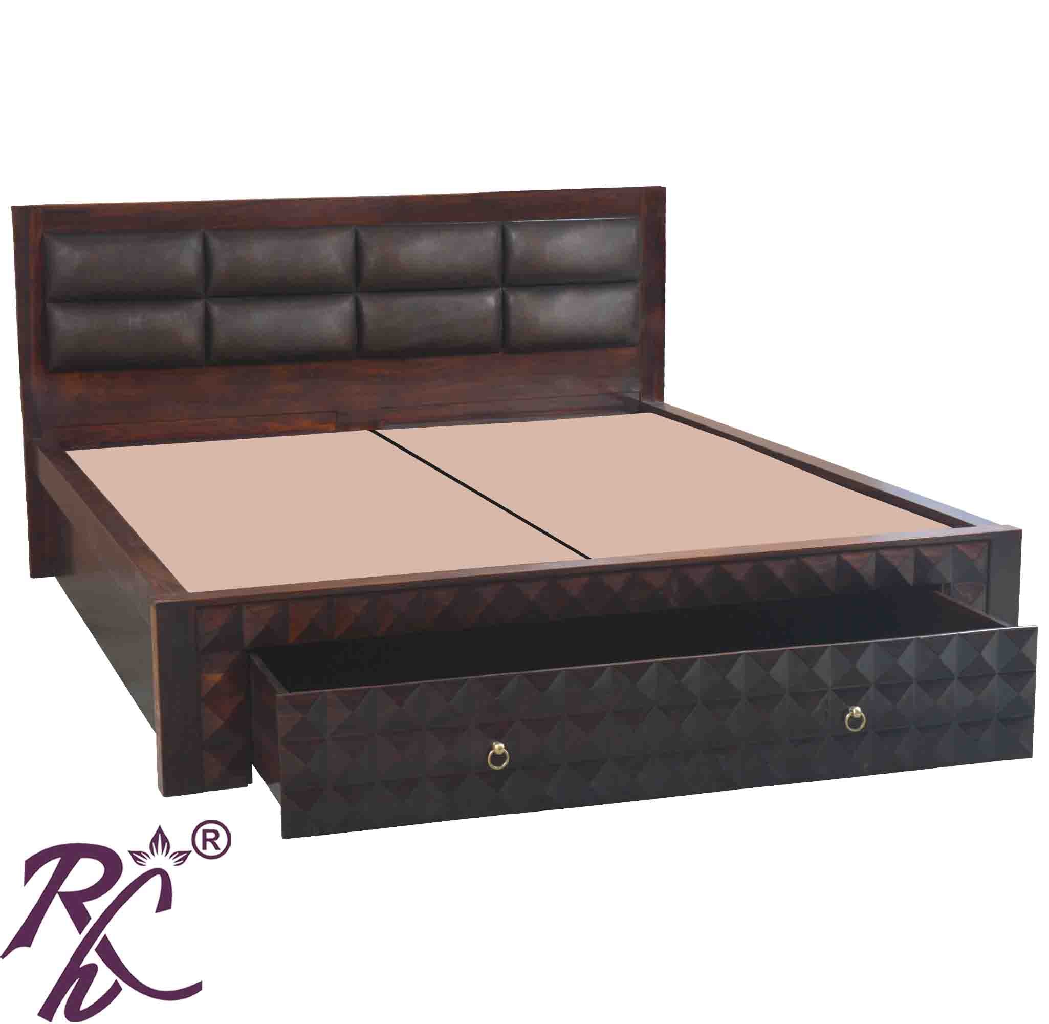 Solid Wood King Size Bed With Front Drawer and Head Part With Cushion Work