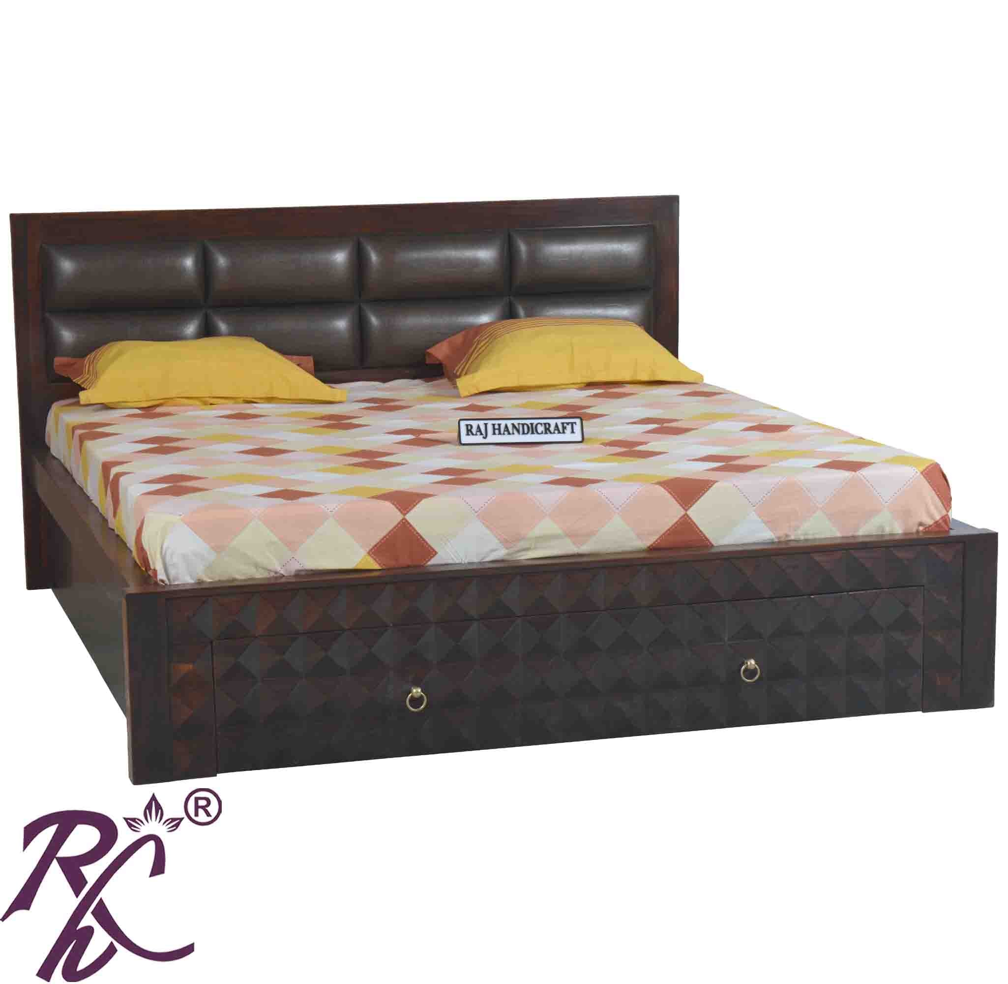 Solid Wood King Size Bed With Front Drawer and Head Part With Cushion Work