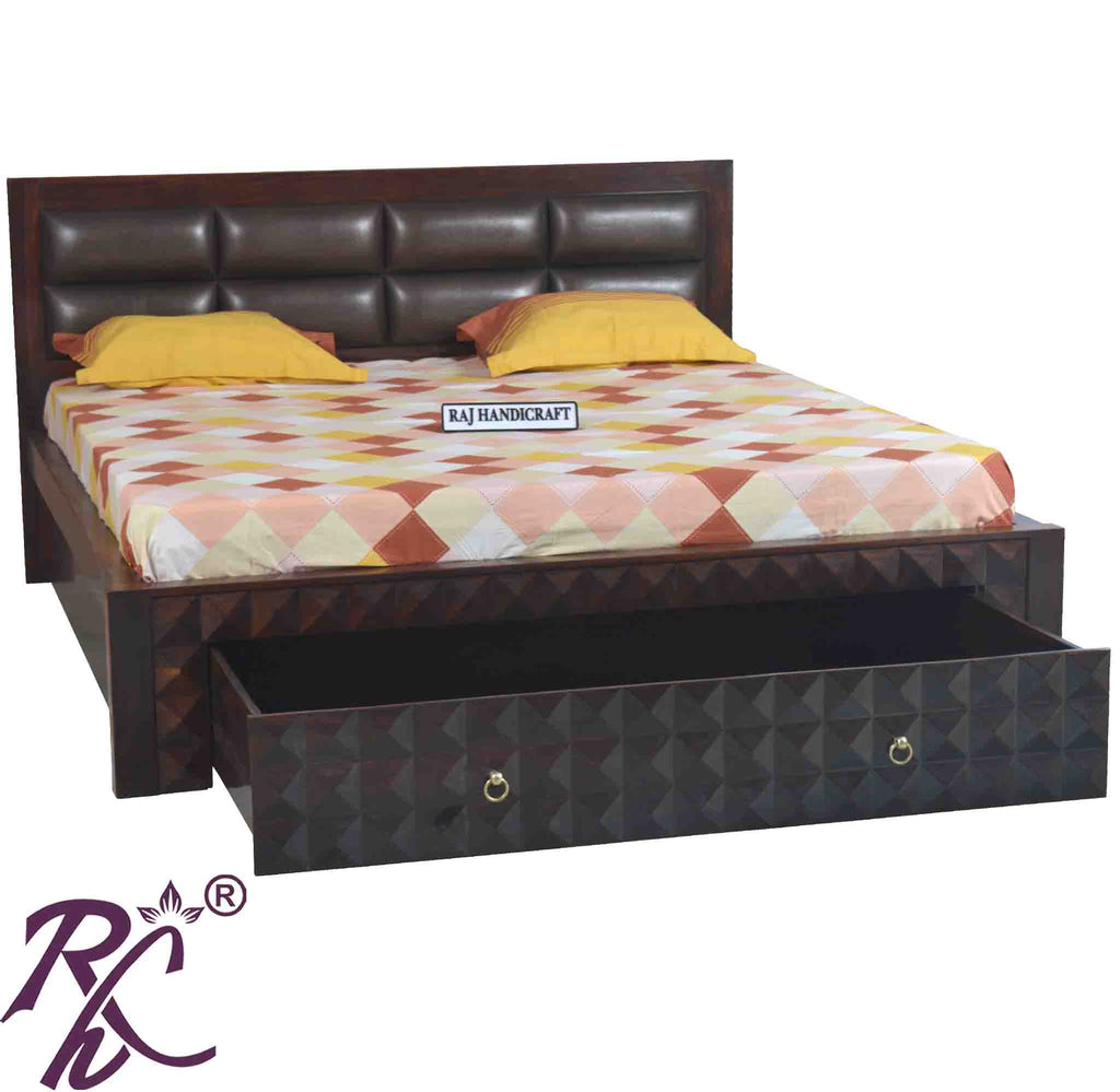 Solid Wood King Size Bed With Front Drawer and Head Part With Cushion Work