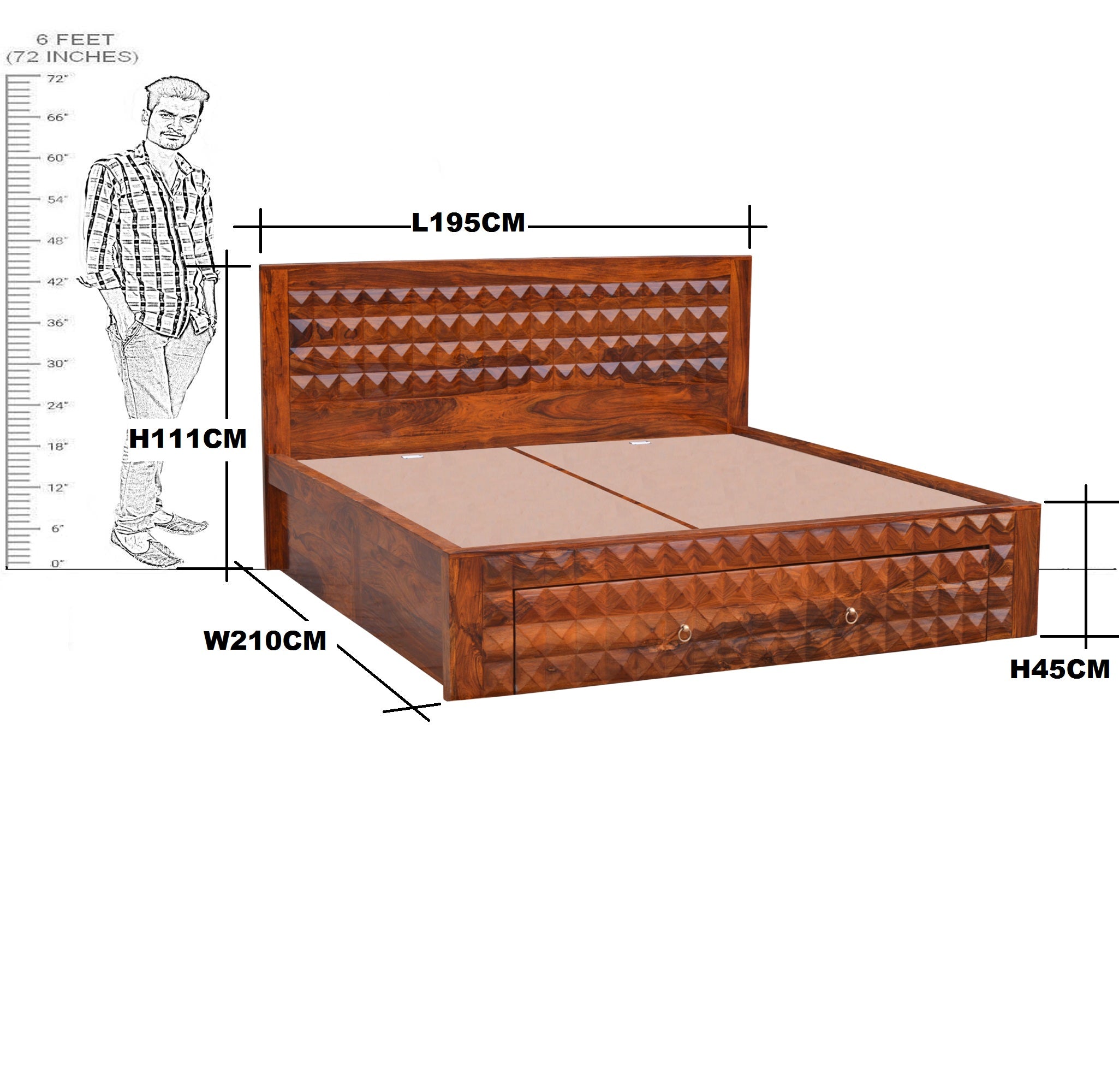 Solid Wood Diamond Design King Size With Storage Bed With Front Drawer