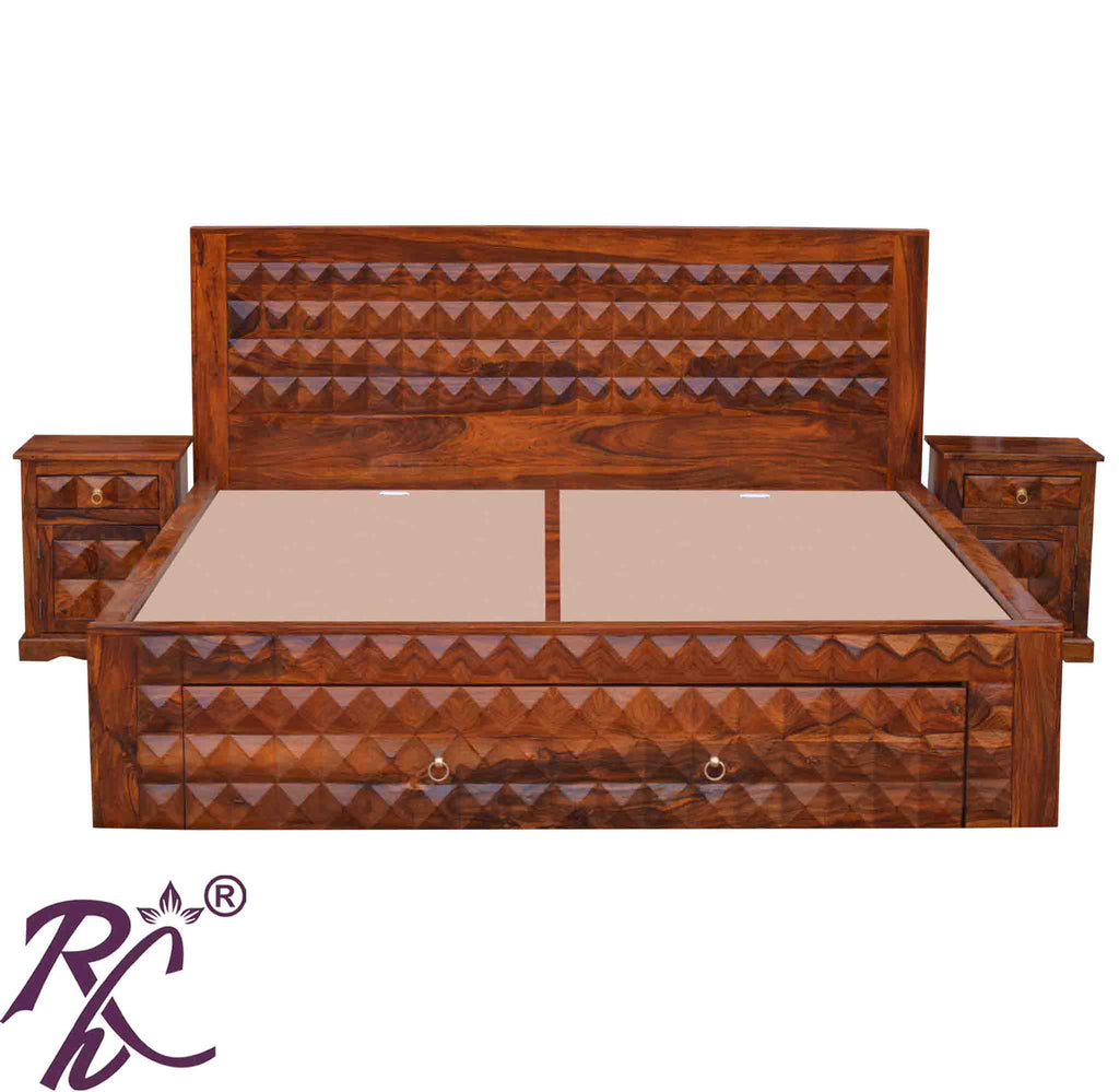 Solid Wood Diamond Design King Size With Storage Bed With Front Drawer