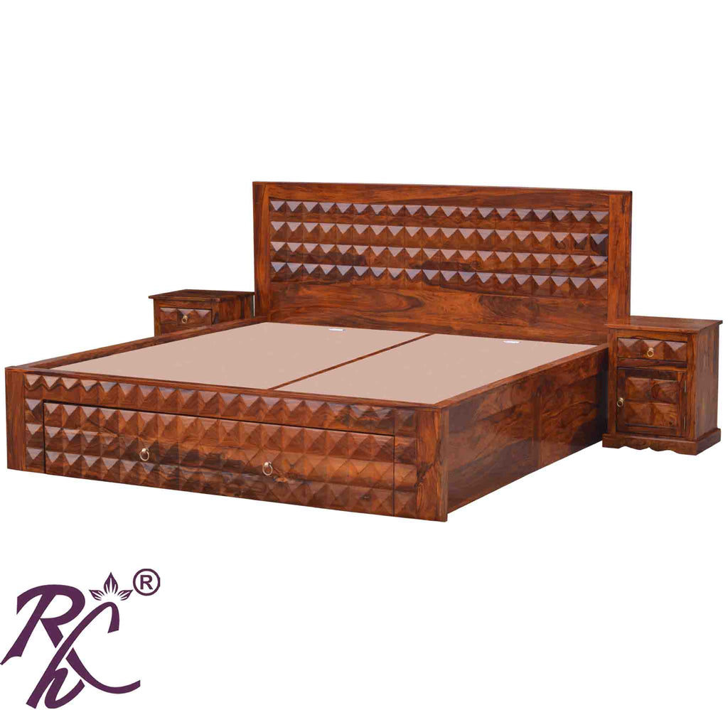 Solid Wood Diamond Design King Size With Storage Bed With Front Drawer
