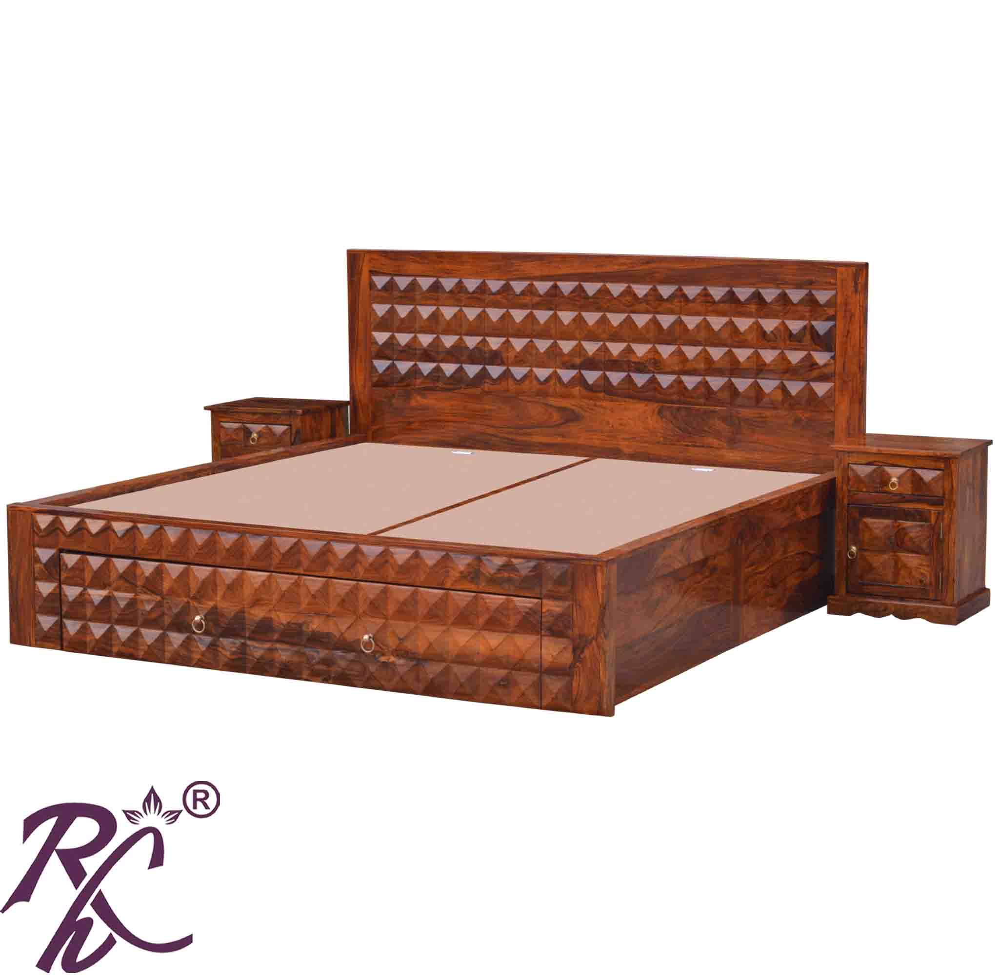 Solid Wood Diamond Design King Size With Storage Bed With Front Drawer