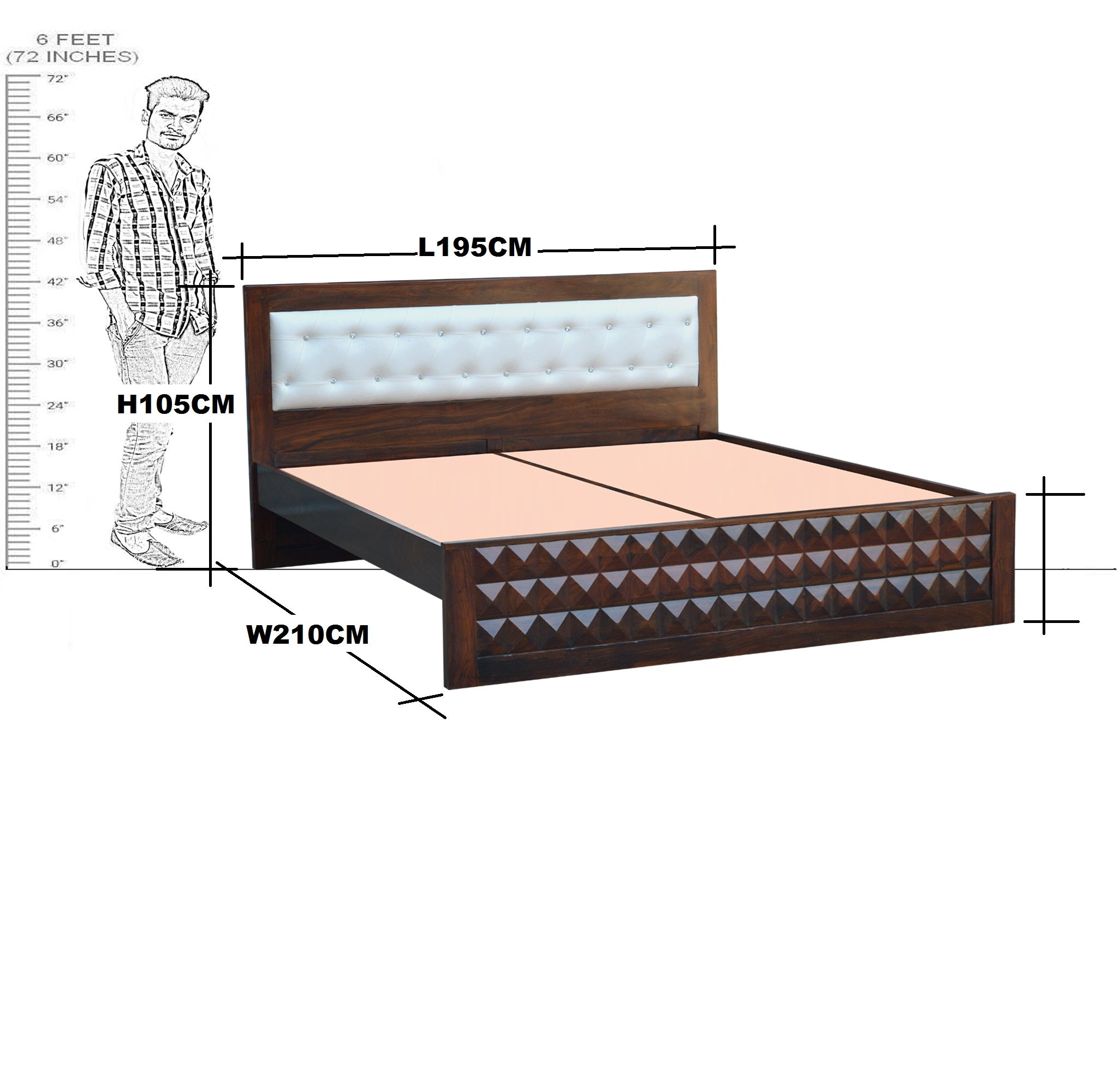 Solid Wood King Size Diamond Design Bed Without Storage