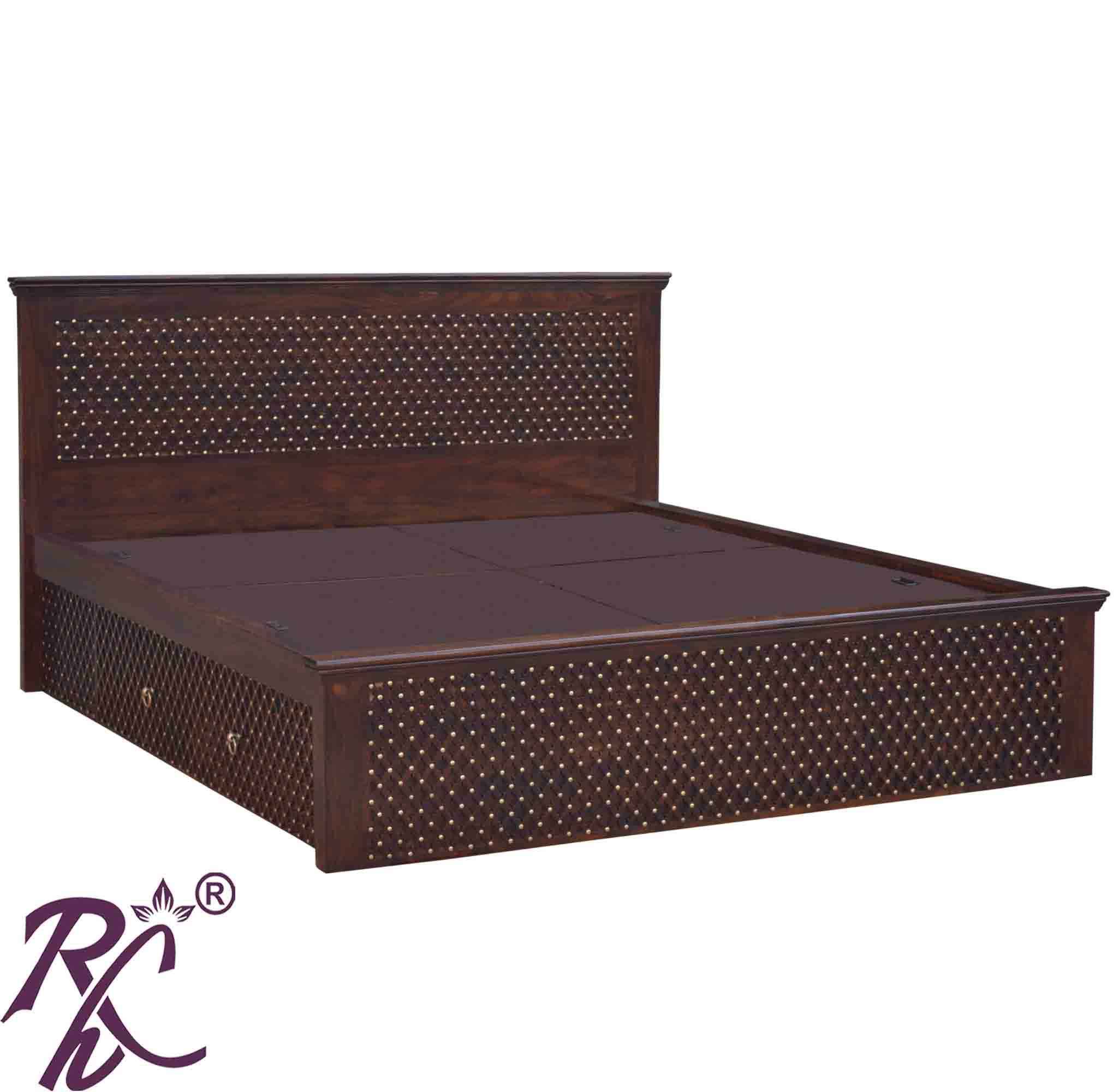 Solid Wood King Size Jiksa Jali Design Bed With Side Full Drawer