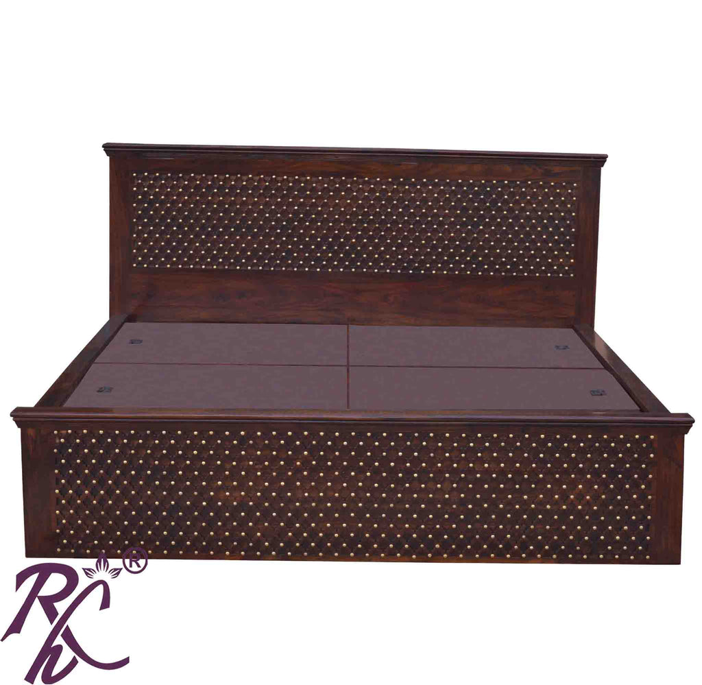 Solid Wood King Size Jiksa Jali Design Bed With Side Full Drawer