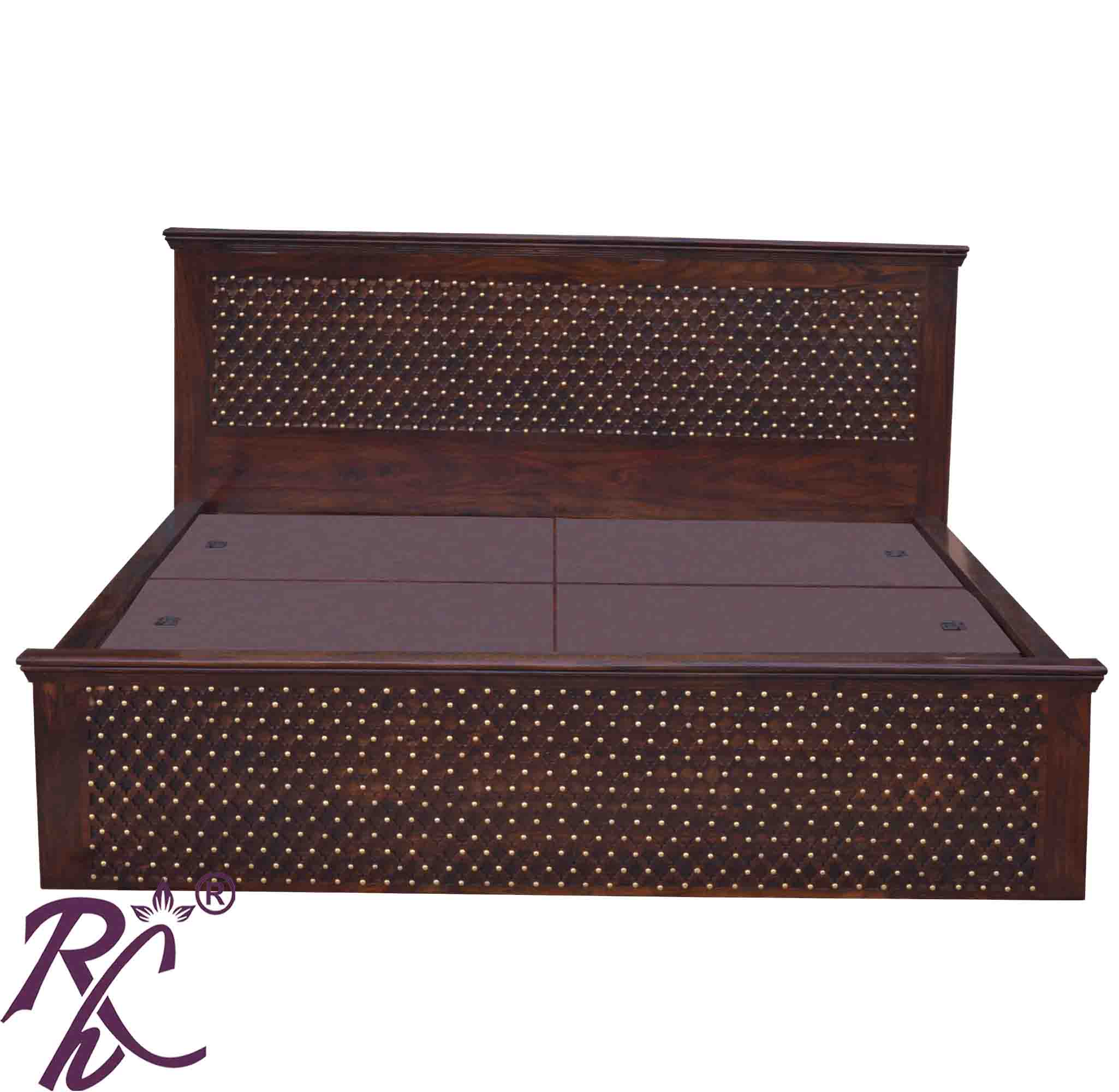 Solid Wood King Size Jiksa Jali Design Bed With Side Full Drawer