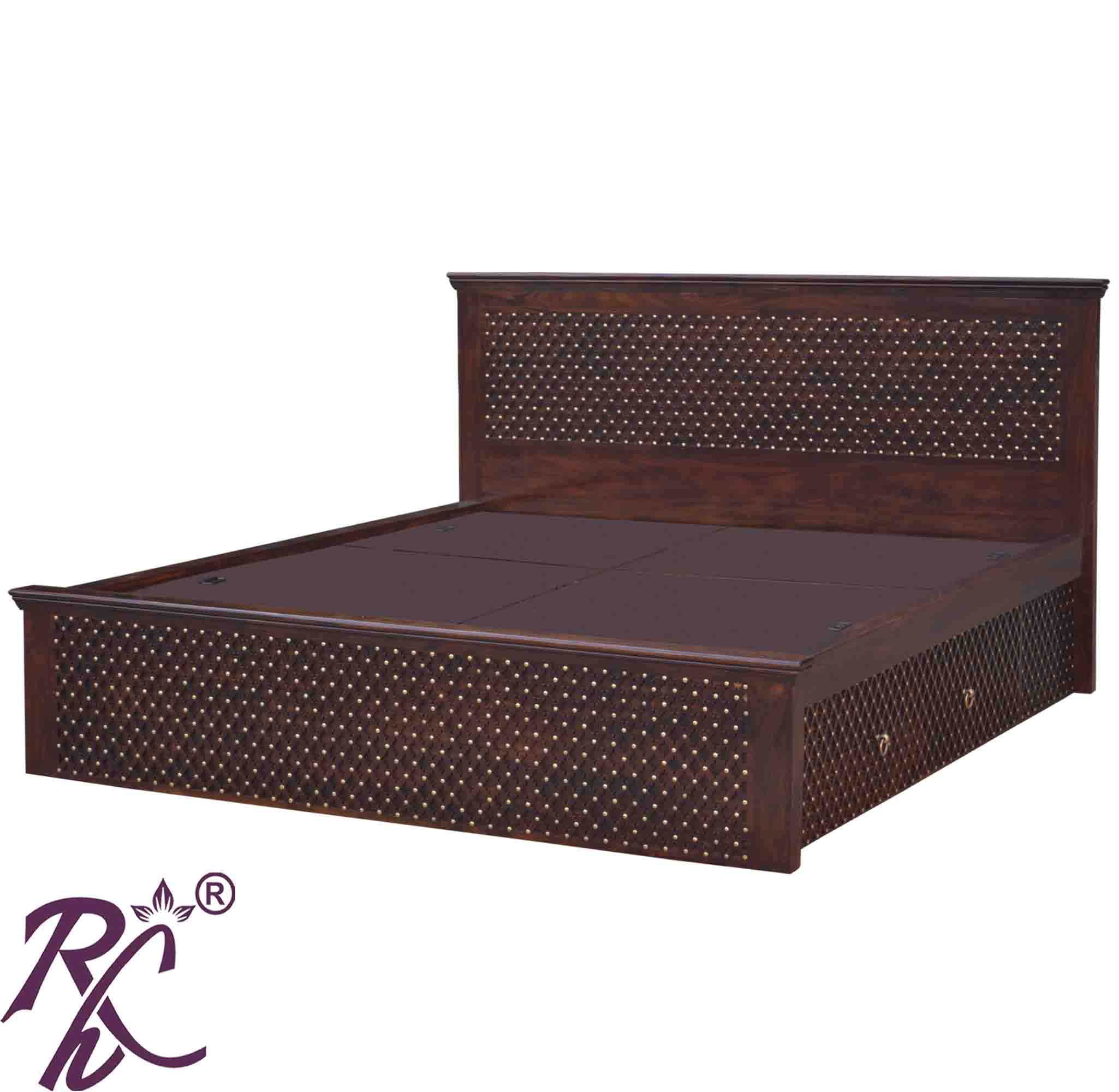 Solid Wood King Size Jiksa Jali Design Bed With Side Full Drawer