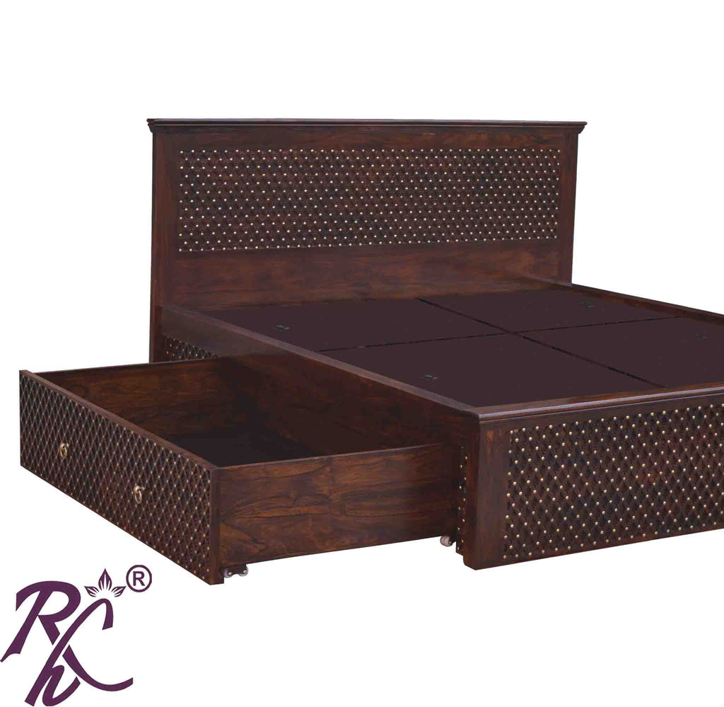 Solid Wood King Size Jiksa Jali Design Bed With Side Full Drawer