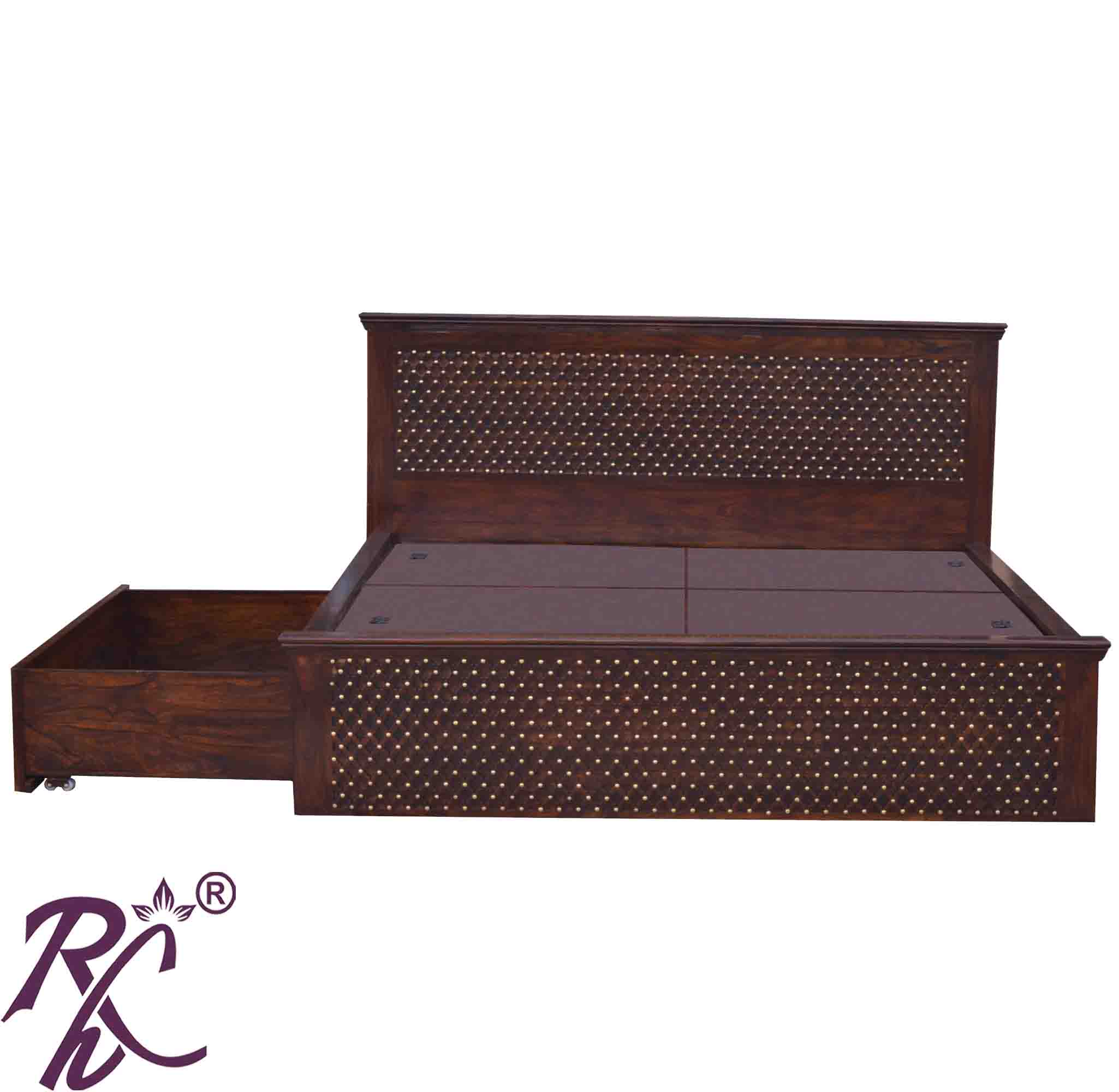 Solid Wood King Size Jiksa Jali Design Bed With Side Full Drawer
