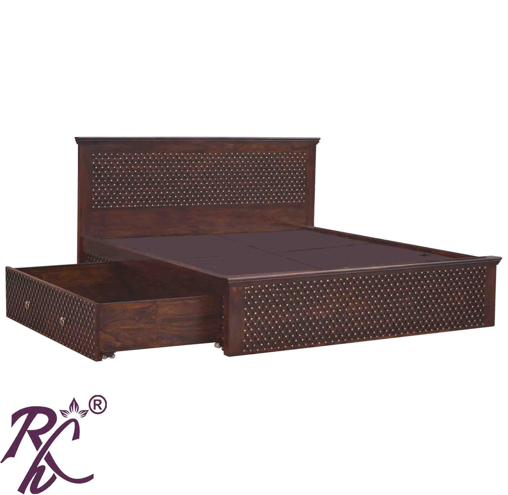 Solid Wood King Size Jiksa Jali Design Bed With Side Full Drawer