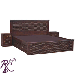 Solid Wood King Size Jiksa Jali Design Bed With Side Full Drawer