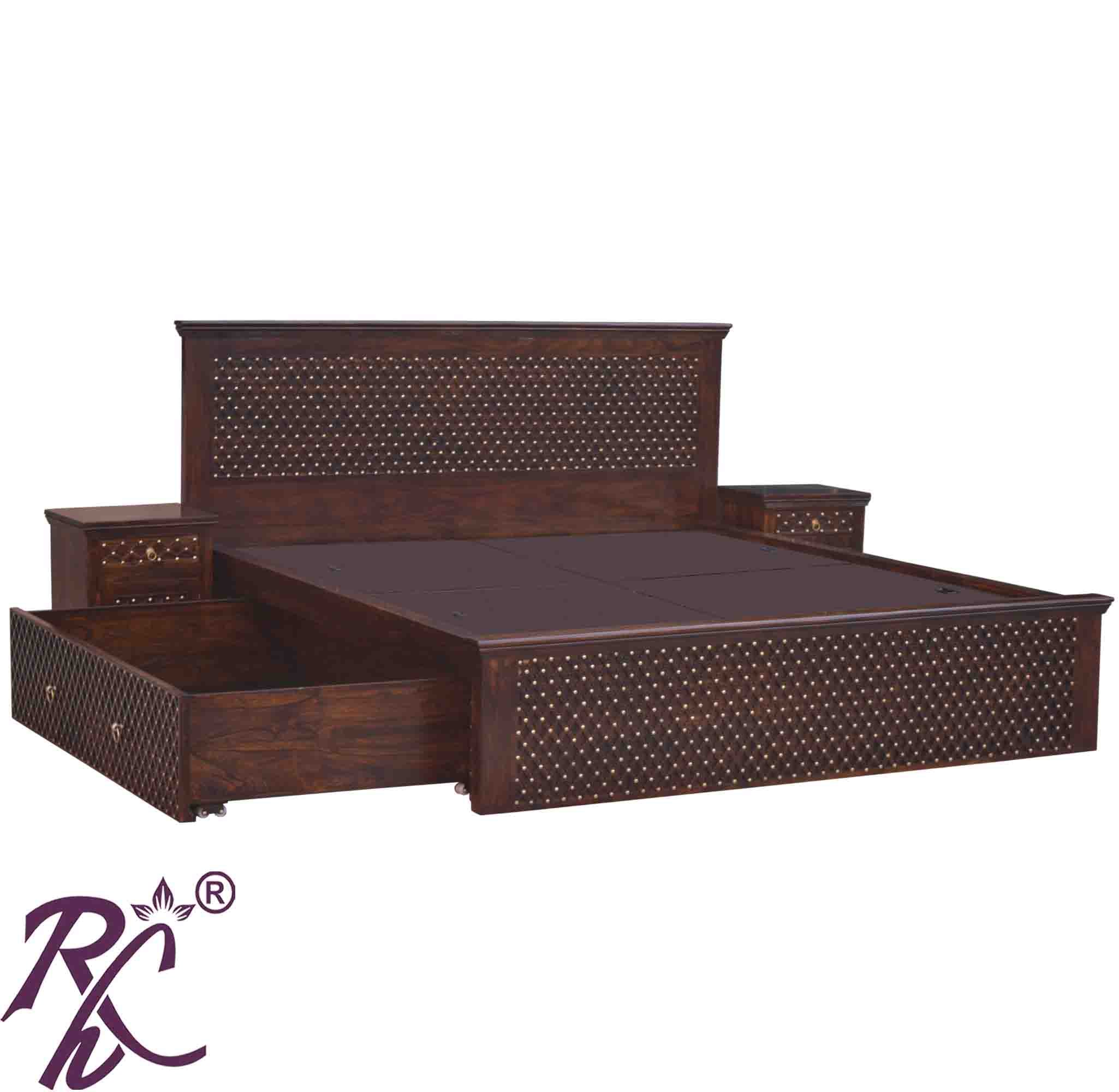 Solid Wood King Size Jiksa Jali Design Bed With Side Full Drawer