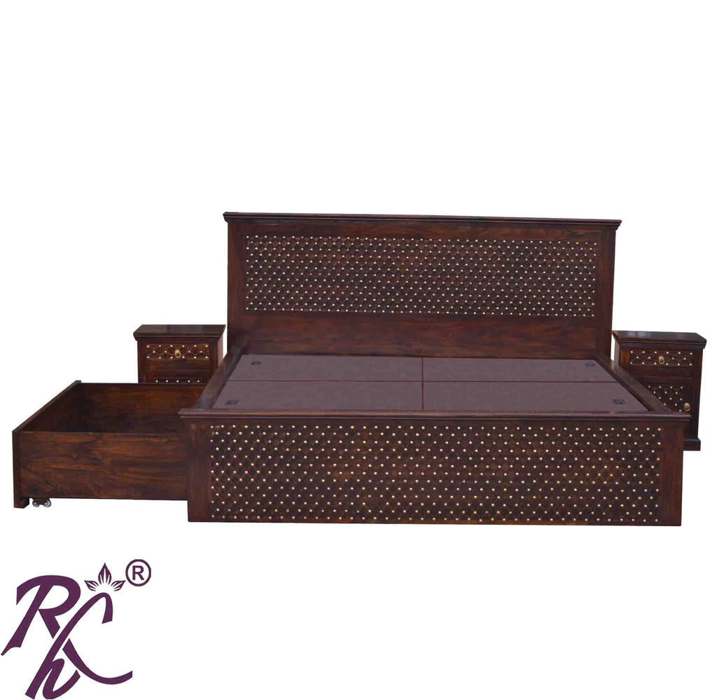 Solid Wood King Size Jiksa Jali Design Bed With Side Full Drawer