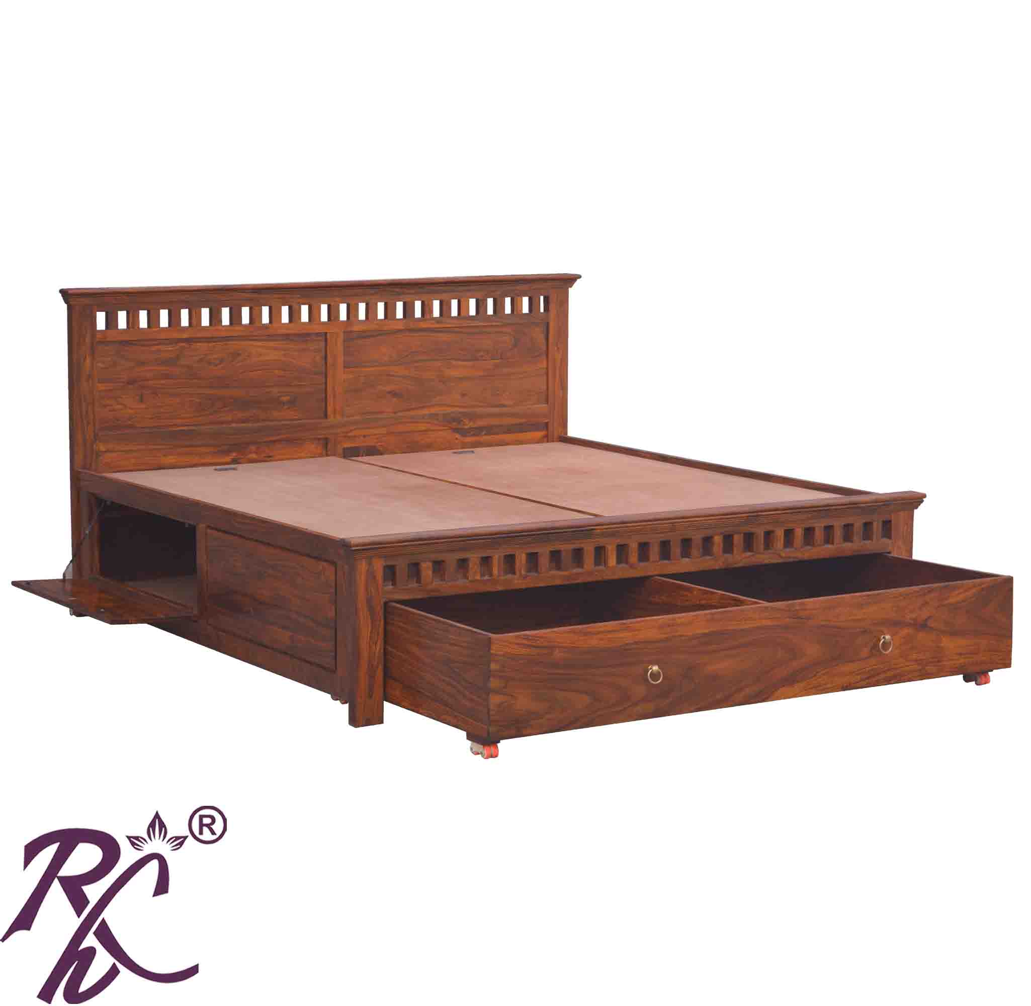 Solid Wood Kubera Design Frount Drawer and both Side Door King Size Bed With Storage With Legs