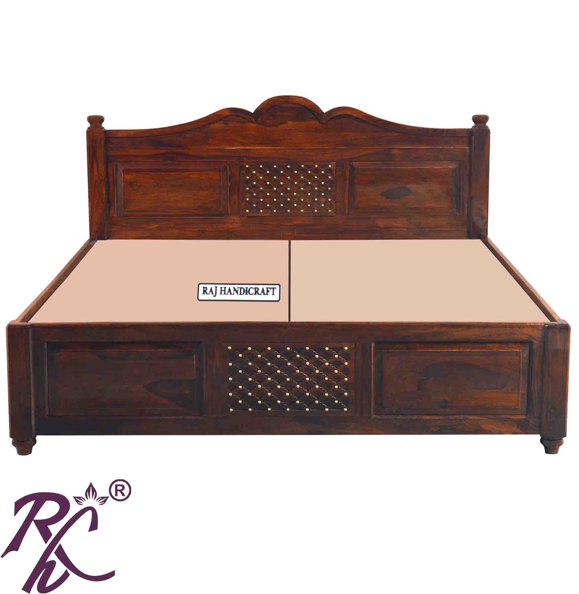 Solid Wood Jiksa Jali Design King Size Bed With Storage