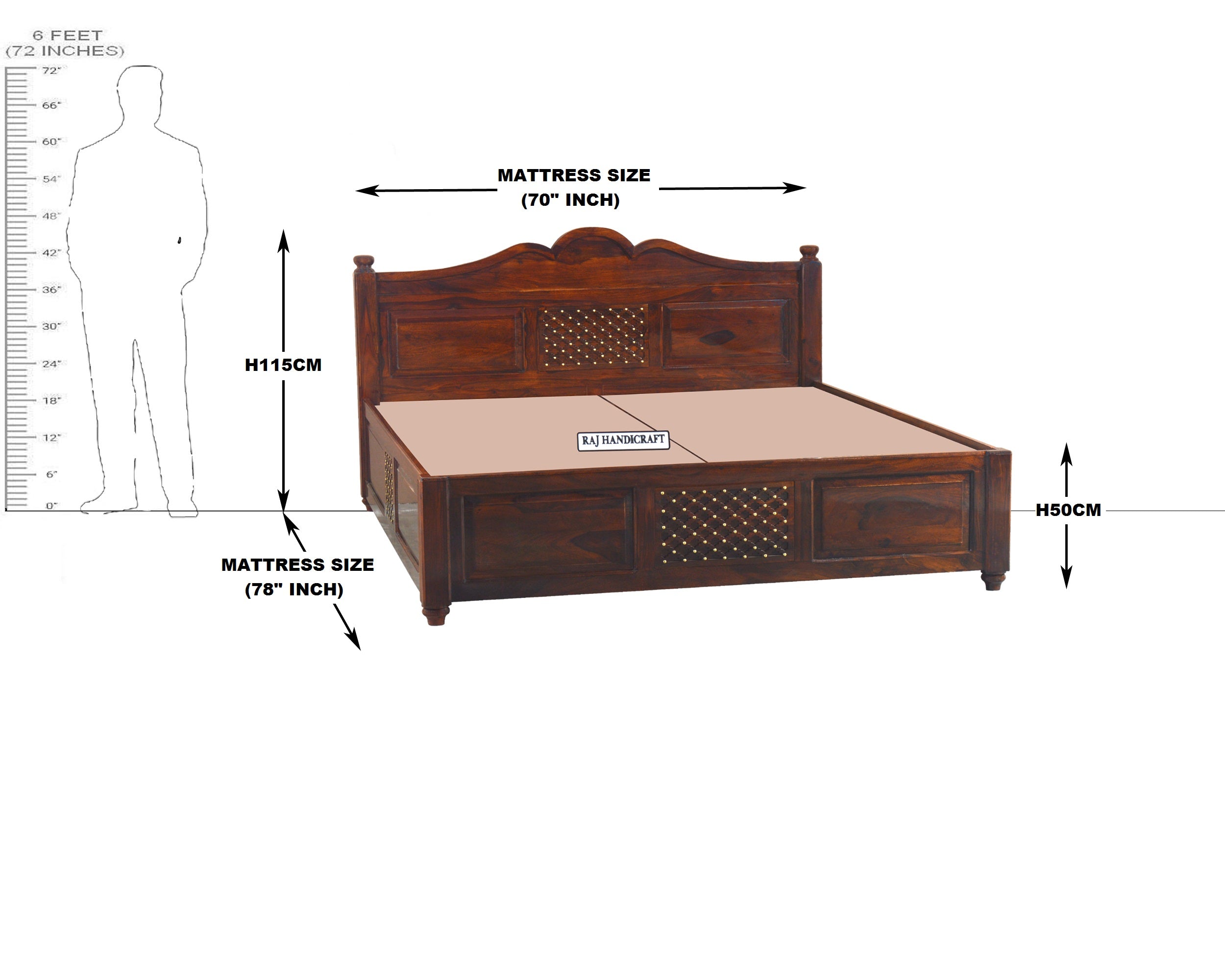 Solid Wood Jiksa Jali Design King Size Bed With Storage