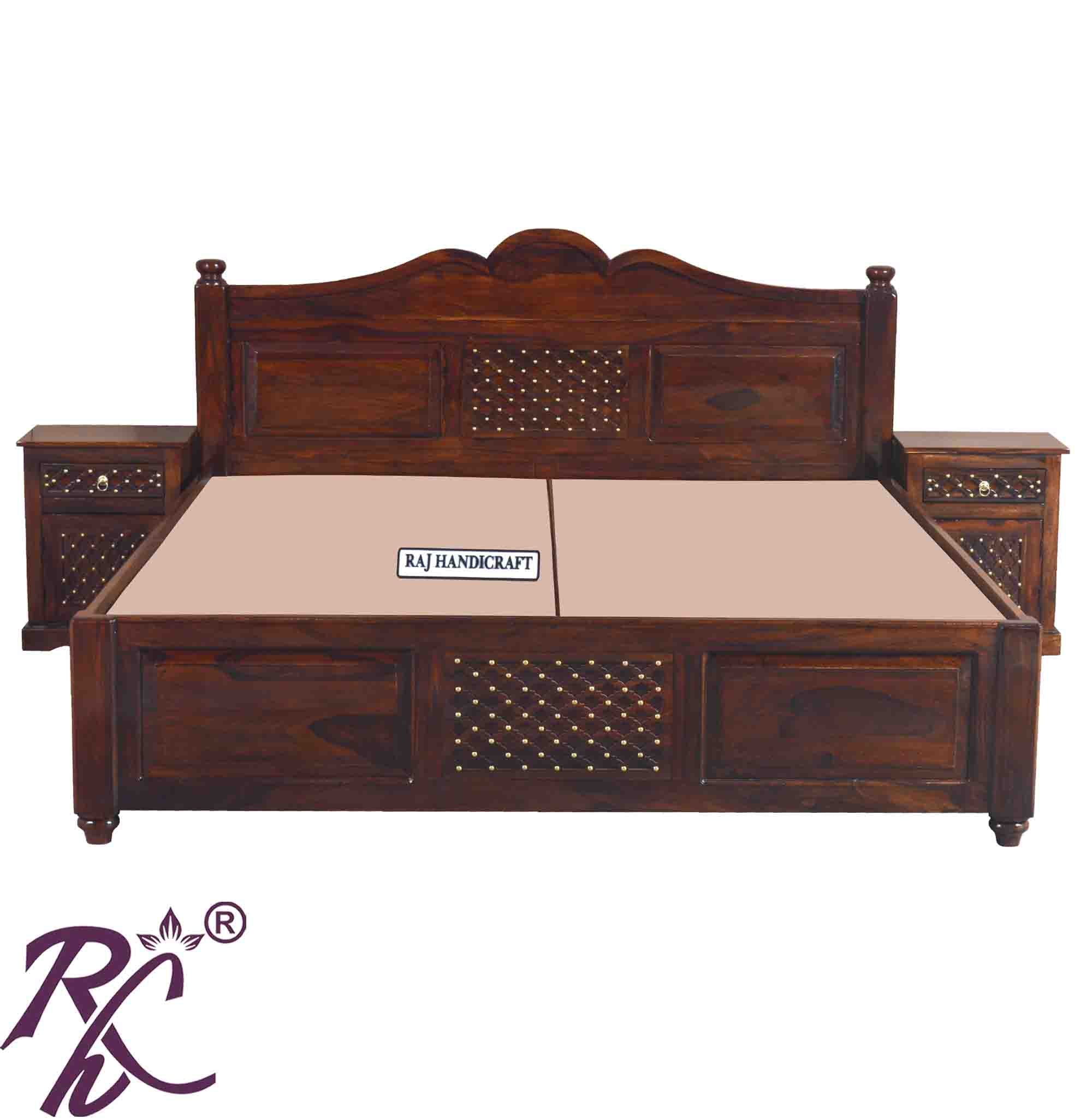 Solid Wood Jiksa Jali Design King Size Bed With Storage