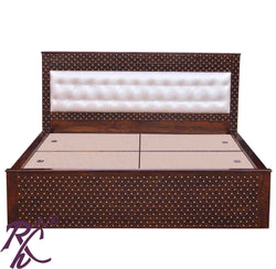 Solid Wood Jiksa Jali Design Head Part Cushion Work King Size Bed With Side Full Drawer Storage