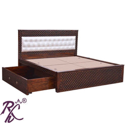 Solid Wood Jiksa Jali Design Head Part Cushion Work King Size Bed With Side Full Drawer Storage