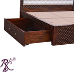 Solid Wood Jiksa Jali Design Head Part Cushion Work King Size Bed With Side Full Drawer Storage