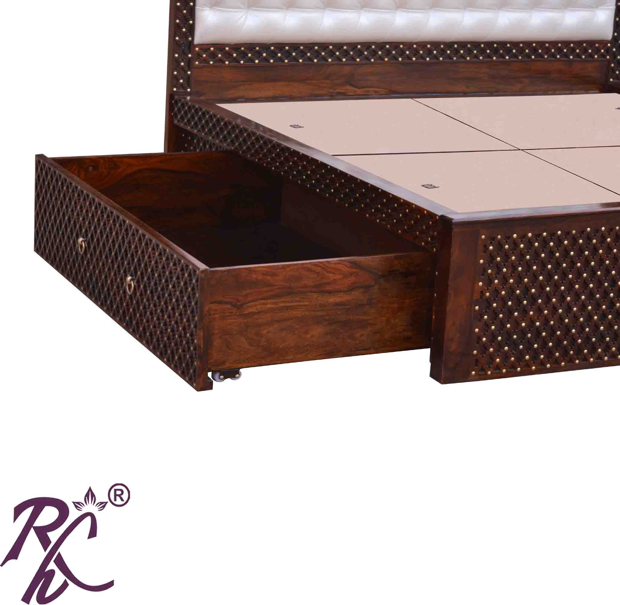 Solid Wood Jiksa Jali Design Head Part Cushion Work King Size Bed With Side Full Drawer Storage