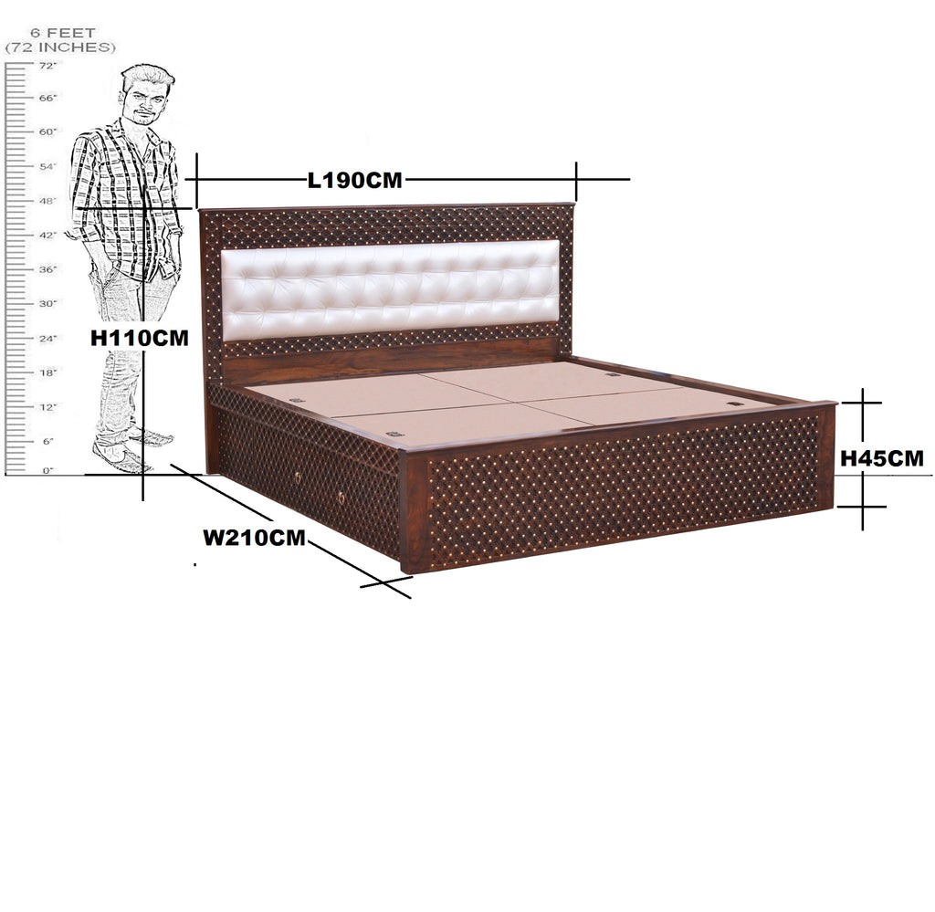 Solid Wood Jiksa Jali Design Head Part Cushion Work King Size Bed With Side Full Drawer Storage