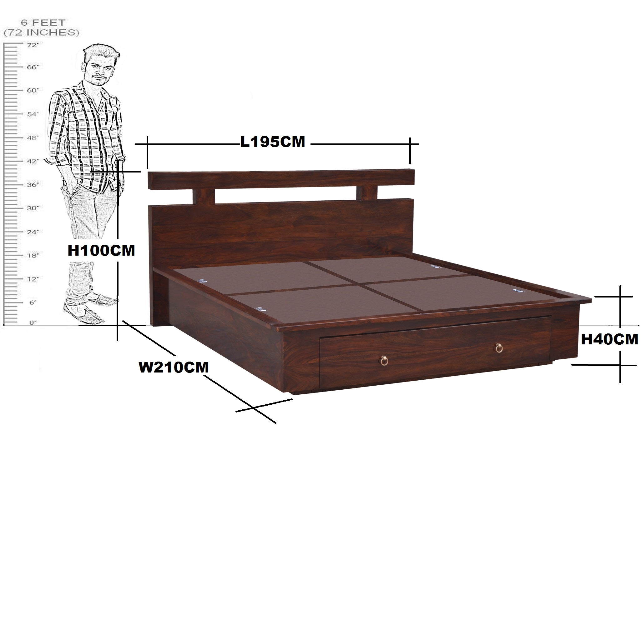Solid Wood Wooden T Design Front Drawer King Size Bed