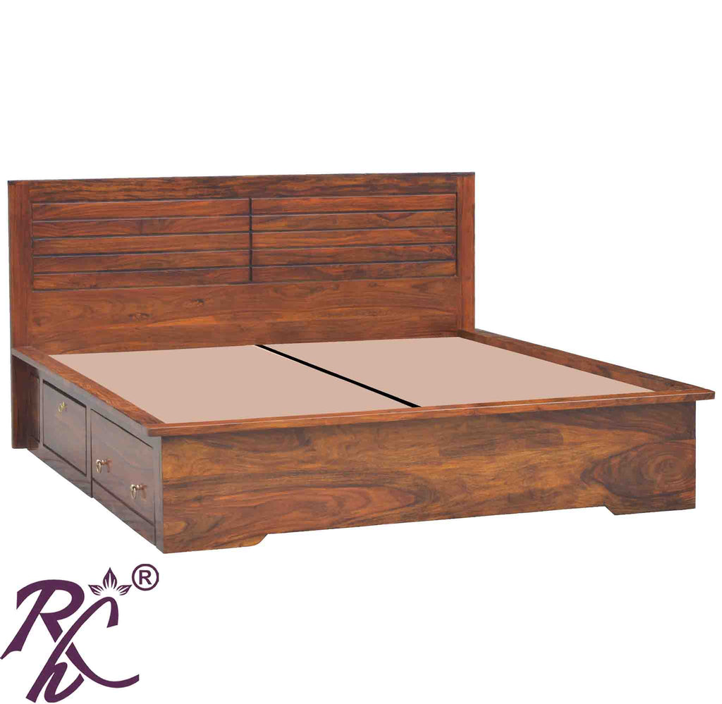 Solid Wood Grooved Design King Size Bed With Storage both side 1 Drawer 1 Door