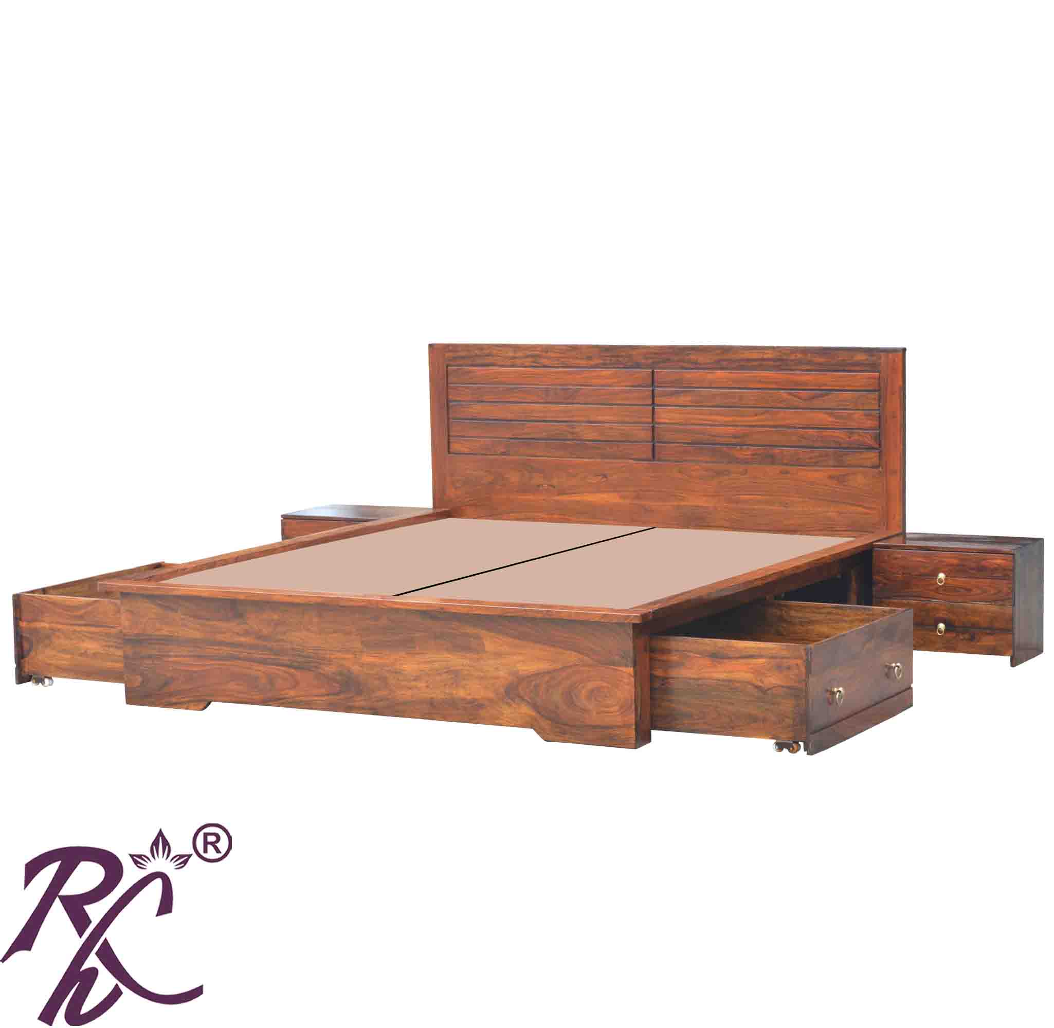 Solid Wood Grooved Design King Size Bed With Storage both side 1 Drawer 1 Door