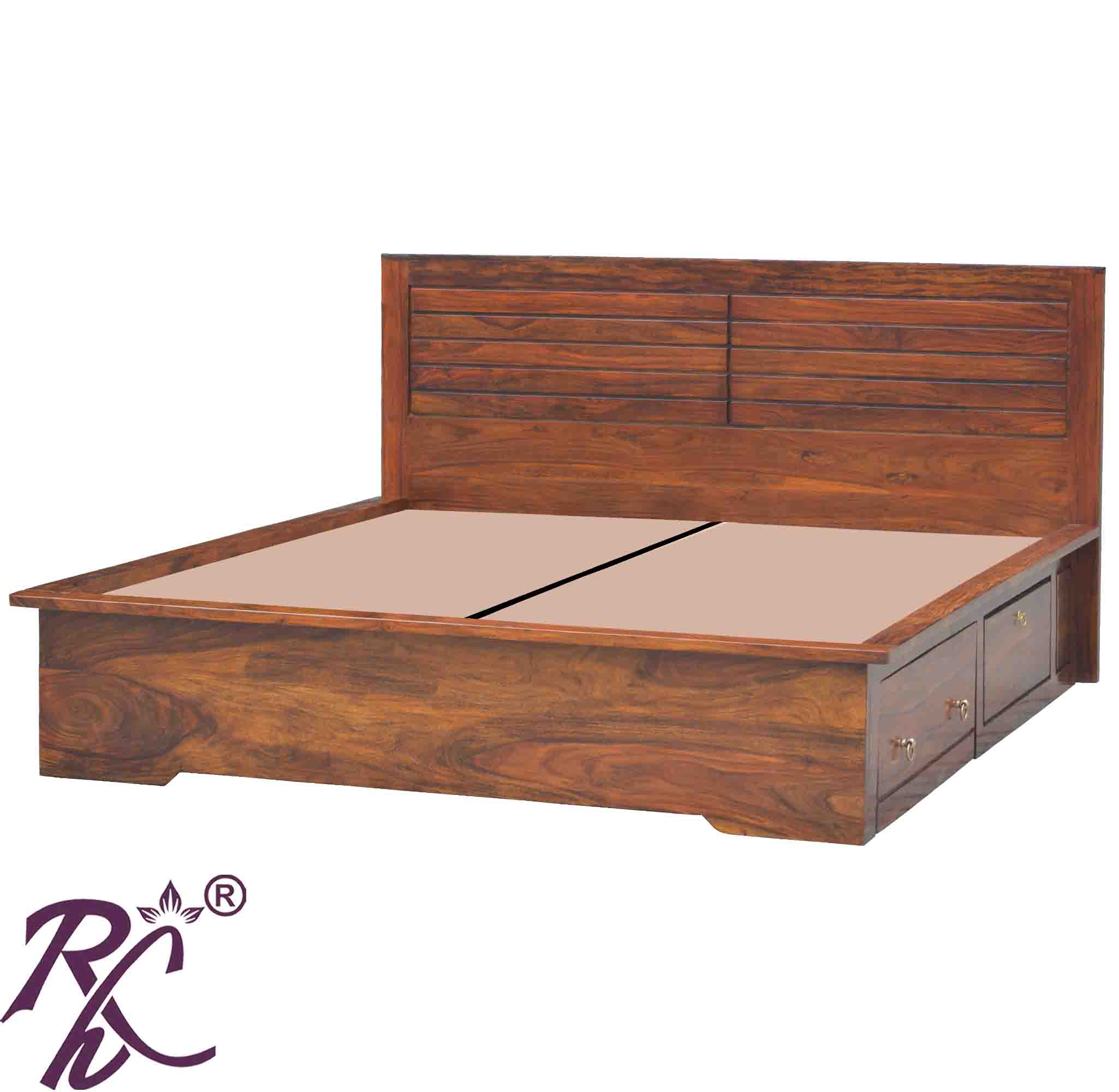 Solid Wood Grooved Design King Size Bed With Storage both side 1 Drawer 1 Door
