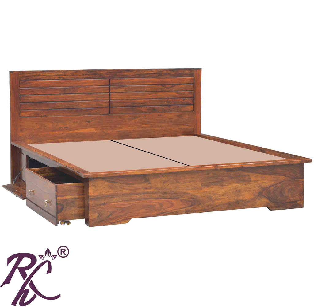 Solid Wood Grooved Design King Size Bed With Storage both side 1 Drawer 1 Door