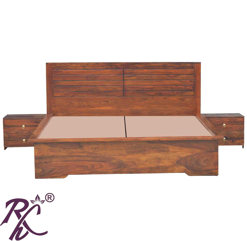 Solid Wood Grooved Design King Size Bed With Storage both side 1 Drawer 1 Door