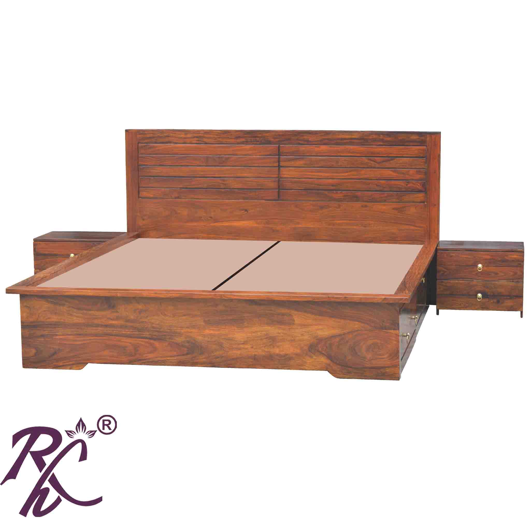 Solid Wood Grooved Design King Size Bed With Storage both side 1 Drawer 1 Door