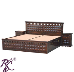 Solid Wood Diamond Design King Size Bed With Storage Both Side Doors