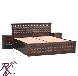 Solid Wood Diamond Design King Size Bed With Storage Both Side Doors