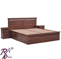 Solid Wood Diamond Design King Size Bed With Storage Both Side 1 Door and 1 Drawer