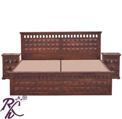 Solid Wood Diamond Design King Size Bed With Storage Both Side 1 Door and 1 Drawer
